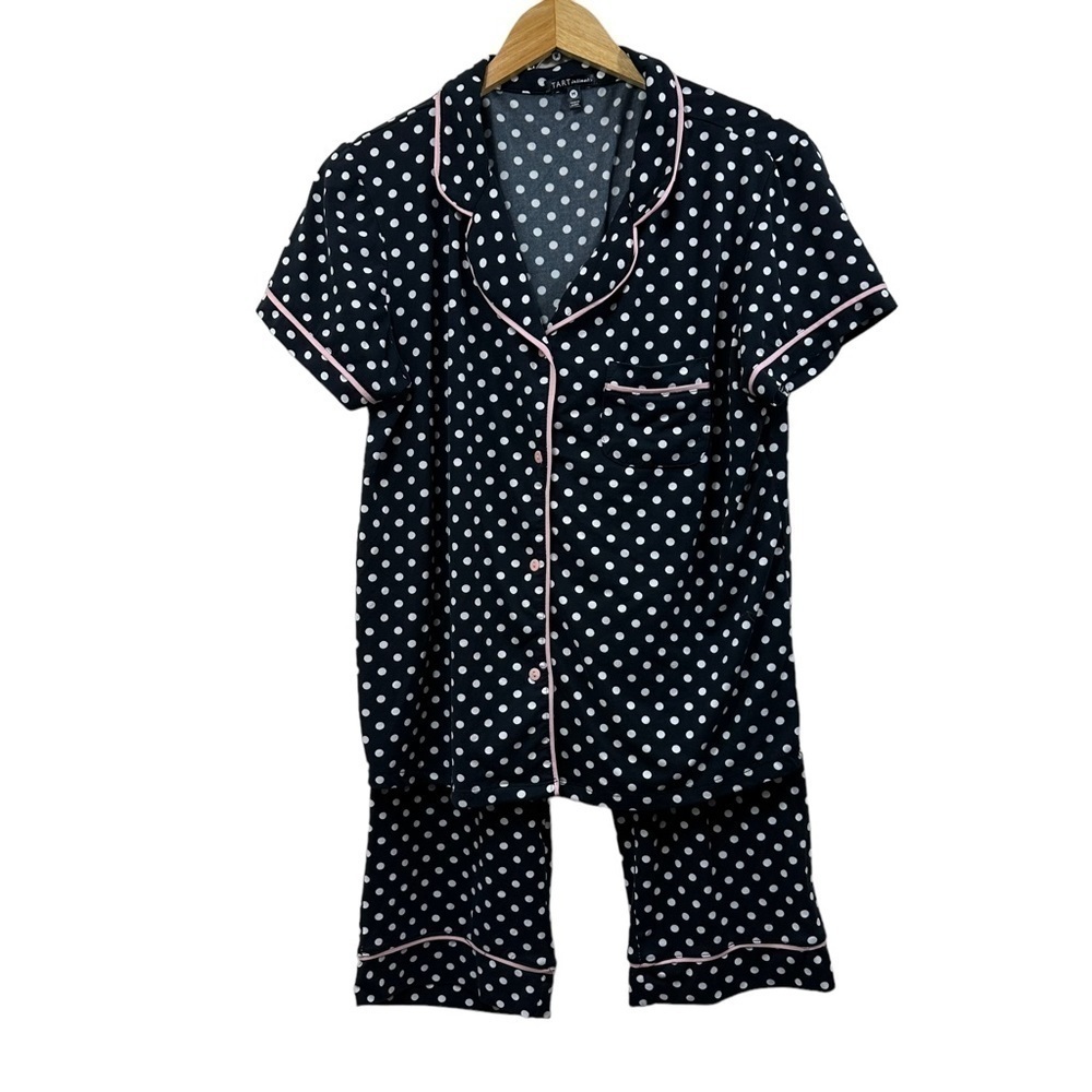 Tart Intimates 2-Piece Polka Dot Pajama Set, Black White, Pink Piping, M